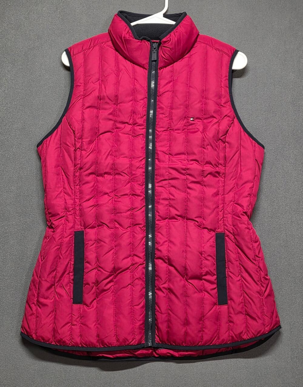 Tommy Hilfiger Womens Large Quilted Puffer Vest Logo Preppy Red Classic Zip